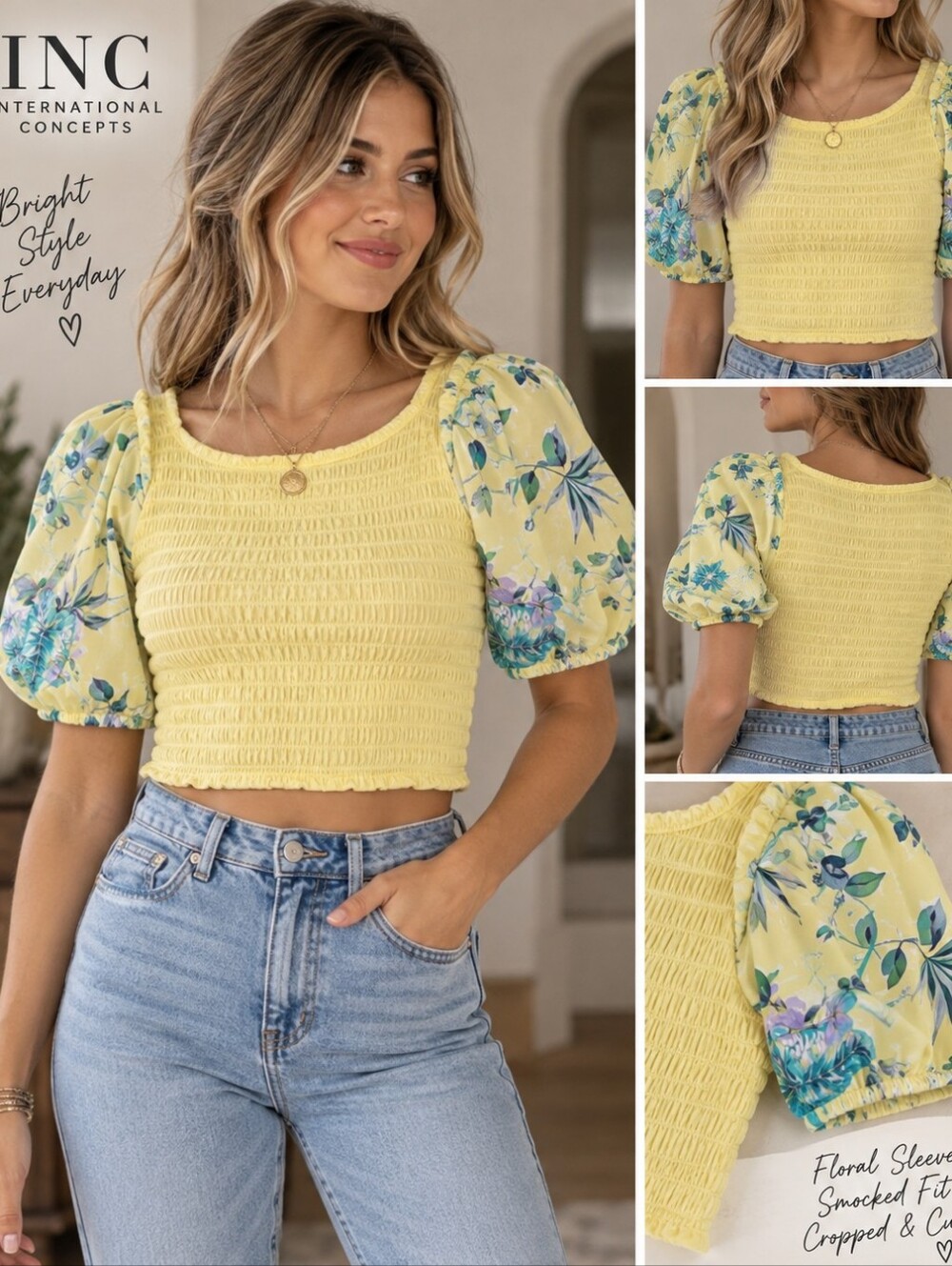 INC International Concepts Yellow Smocked Crop Top with Floral Puff Sleeves